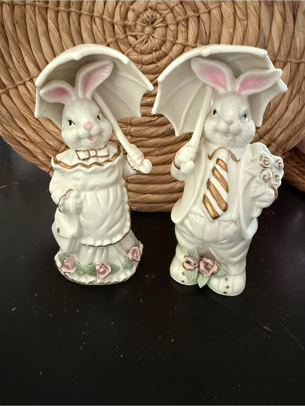 Vintage Bunny Rabbit Set with Umbrella Porcelain Ceramic Figurines